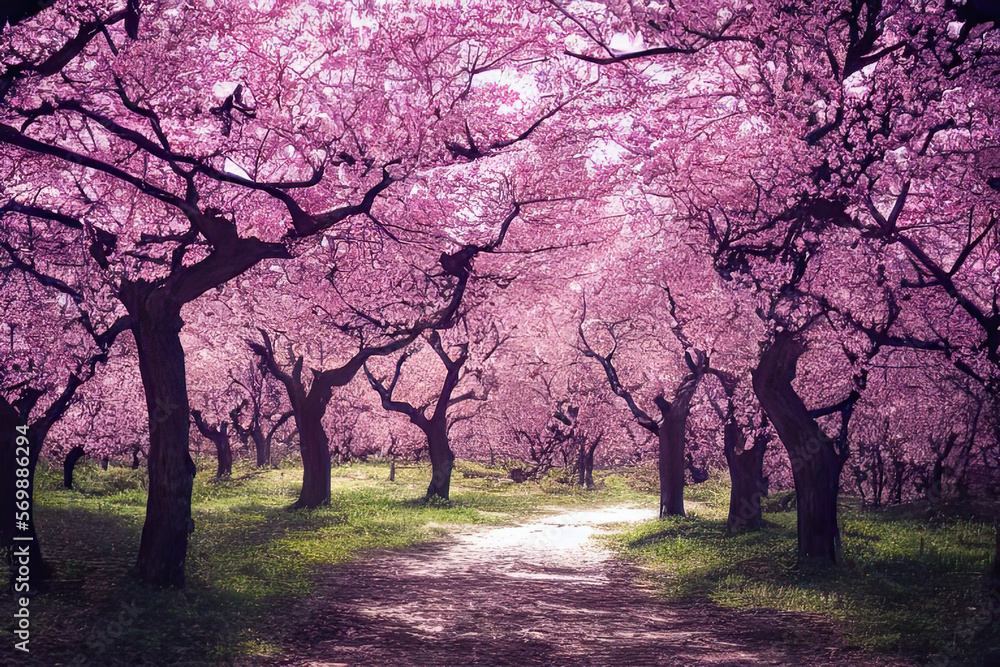 A picturesque spring tree park in Japan comes alive with blooming flowers. The tranquil path between the trees glows with a flood of lilac light, creating a serene and peaceful atmosphere Ai generated A picturesque spring tree park in Japan comes alive with blooming flowers. The tranquil path between the trees glows with a flood of lilac light, creating a serene and peaceful atmosphere Ai generated