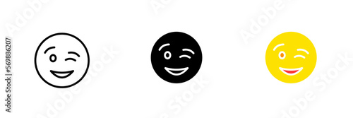 Winking emoticon. Wink, smile, express emotions, feelings, communication online, social network. Vector set icon in line, black and colorful styles isolated on white background photo