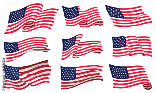 Waving flags. Set of american flags on white background. National flags waving symbols. Banner design elements