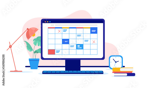 Computer calendar - Desktop pc screen with dates and tasks marked. Time planning and schedule concept, vector illustration with white background