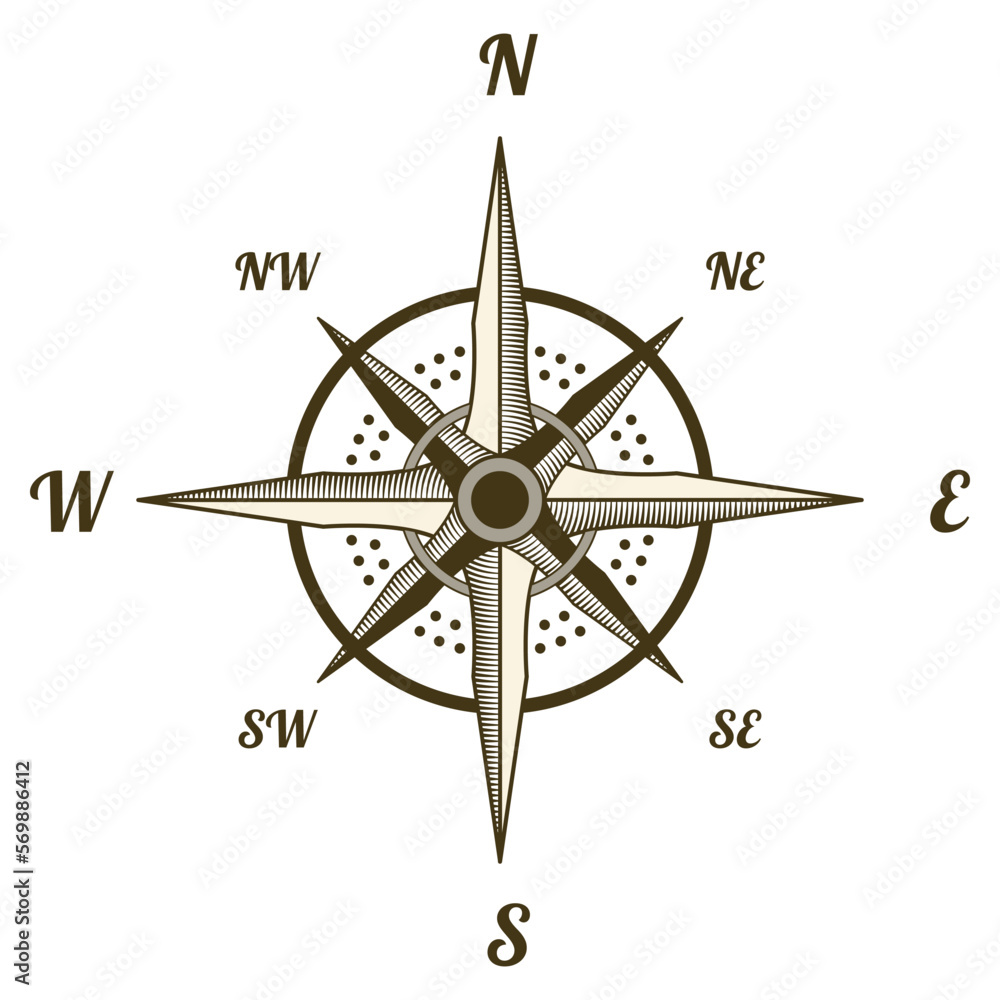 Fototapeta premium Retro nautical compass. Hand drawn wind rose. Old vector design element for marine theme and heraldry. Vintage rose of wind for sea marine navigation