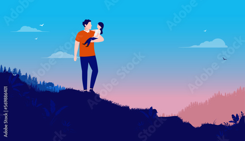 Dad and daughter outdoors - Father standing in nature landscape holding his child i arms. Parenting and fatherhood concept vector illustration with copy space for text
