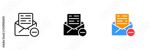 Letter with ban sign. Deny, ban, delete, reject, cancel, envelope, file management, message, communication. Vector set icon in line, black and colorful styles isolated on white background