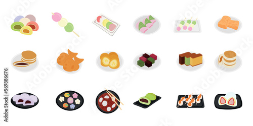 Set of Asian cuisine desserts isolated on white background. Vector illustration in flat style