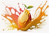 Delicious mango juice splashed over a white background. Generative AI