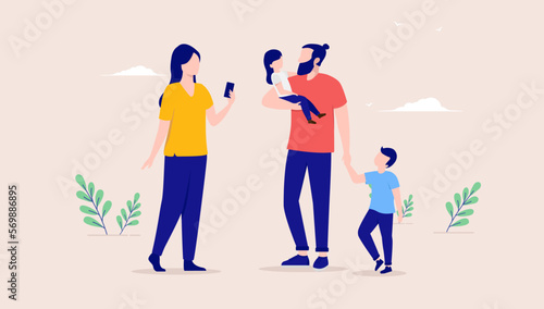 Happy family - Parents with two children walking outdoors and taking photo with mobile phone. Spending time together concept, flat design vector illustration