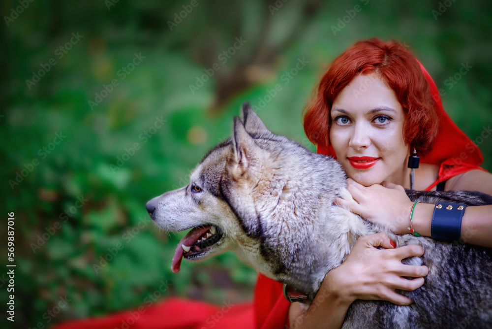 Red-haired beautiful girl in the forest. Girl from a fairy tale. The girl strokes the wolf. Redhead. Outdoors. Girl in a red cape. Girl in a red coat. Summer. Little Red Riding Hood. Girl with a wolf Red-haired beautiful girl in the forest. Girl from a fairy tale. The girl strokes the wolf. Redhead. Outdoors. Girl in a red cape. Girl in a red coat. Summer. Little Red Riding Hood. Girl with a wolf