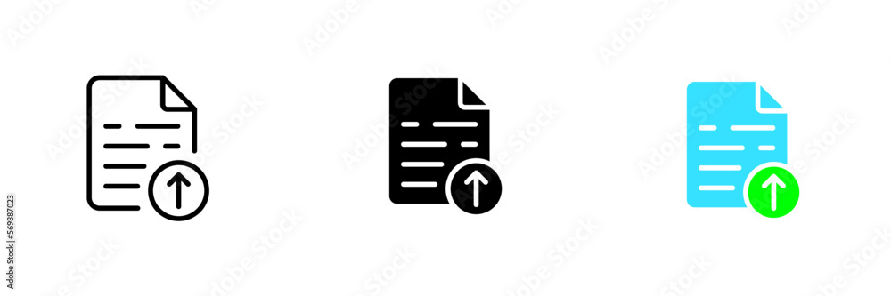 Document with up arrow. Upload to the cloud storage, online, internet, file management, remote server. Vector set icon in line, black and colorful styles isolated on white background Document with up arrow. Upload to the cloud storage, online, internet, file management, remote server. Vector set icon in line, black and colorful styles isolated on white background