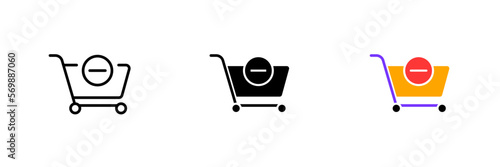 Shopping cart with ban sign. Remove, delete from cart, cancel, prohibit, purchase, buy, shopping. Vector set icon in line, black and colorful styles isolated on white background