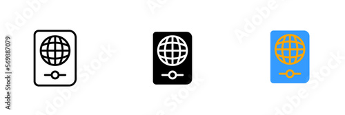 International passport. Personal document, chip, biometric, travel, visa, globe, trip, identity verification. Vector set icon in line, black and colorful styles isolated on white background