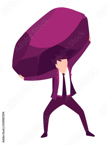 Businessman with boulder vector illustration. Stressed mans carry heavy stone on shoulder overwhelmed with problem or task. Crisis problem of business people, burden, challenge, conquering concept