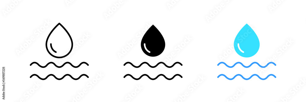 Waterdrop with waves. Clean drinking water, rain drop, water cycle in nature, reservoir, swimming. Vector set icon in line, black and colorful styles isolated on white background Waterdrop with waves. Clean drinking water, rain drop, water cycle in nature, reservoir, swimming. Vector set icon in line, black and colorful styles isolated on white background