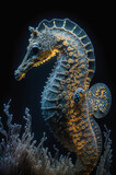 Glowing seahorse underwater. Generative AI.