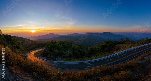 Beautiful panorama landscape of the sunrise viewpoint which is the highest mountain of Thailand in the morning of the winter season at Doi Inthanon National Park, Chiang Mai, Thailand.