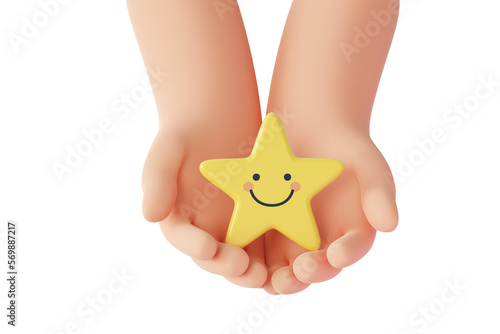 Hand holding yellow star happy smile face, good feedback rating, positive review, satisfaction survey, mental health assessment, child wellness, world mental health day, Compliment Day. 3d rendering