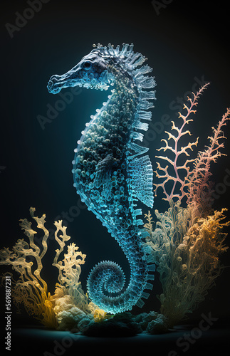 Glowing seahorse underwater. Generative AI. © ART IS AN EXPLOSION.