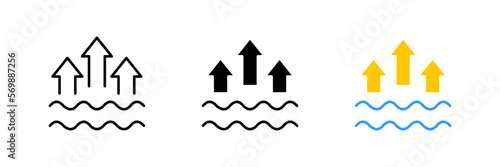 Water waves with up arrows. Evaporation, vaporization, humidification, drought, air humidity, water cycle in nature. Vector set icon in line, black and colorful styles isolated on white background