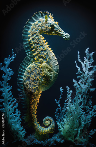 Glowing seahorse underwater. Generative AI.