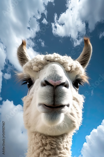 Cute llama taking a selfie. Llama looking down a camera with blue sky background. generative ai