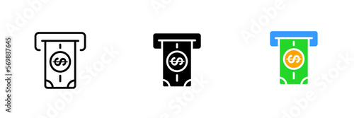 Cash advance. ATM, dollar, cent, financial management, money, bank, banking, business, expences, spending. Vector set icon in line, black and colorful styles isolated on white background
