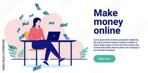 Make money online - Woman earning and having success in making profits on internet business. Flat design vector illustration with copy space for text and white background