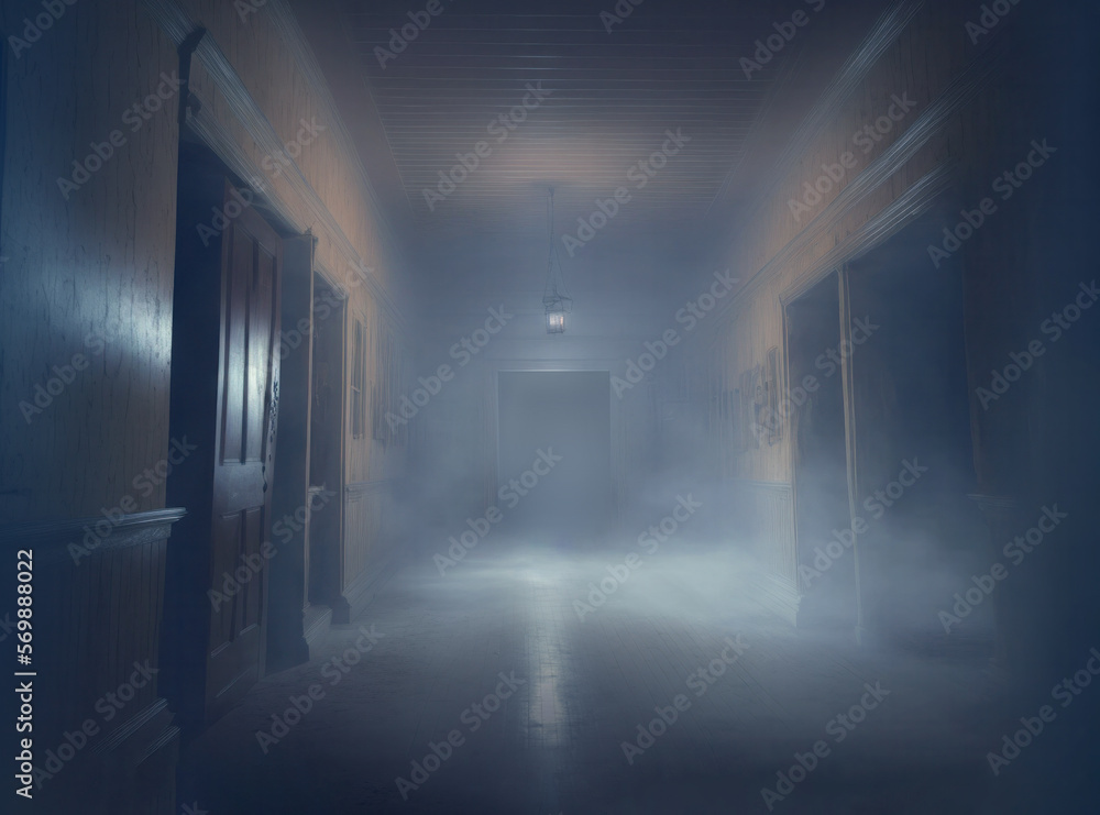 A spooky corridor filled with supernatural fog and rubble in the abandoned haunted house. Generative AI illustration