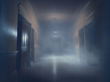 A spooky corridor filled with supernatural fog and rubble in the abandoned haunted house. Generative AI illustration