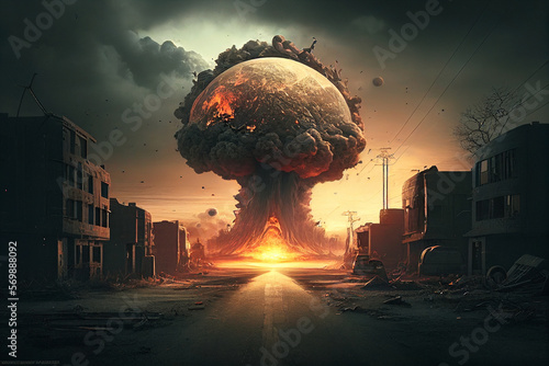 Explosion of building in city as a result of war. Nuclear explosion and nuclear war. Destroyed building during bombardment  shelling. Military invasion and aggression. End of world. Ai Generative.