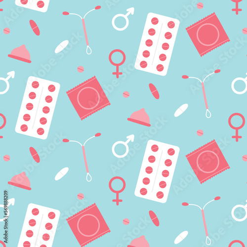 Seamless pattern with contraceptives. Vector illustration. Flat style. Medical print. Pattern with pill condoms.