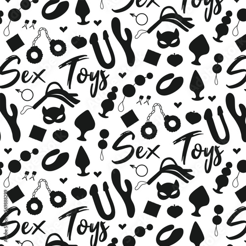 Seamless pattern with sex toys. Print for sex shop. Pattern with sex toys. Vector illustration. Silhouette style.
