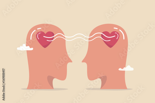 Empathy, sympathy, caring or share feeling to support other, understanding or kindness to help, social support or emotional intelligence concept, people head with heart sharing feeling with empathy.