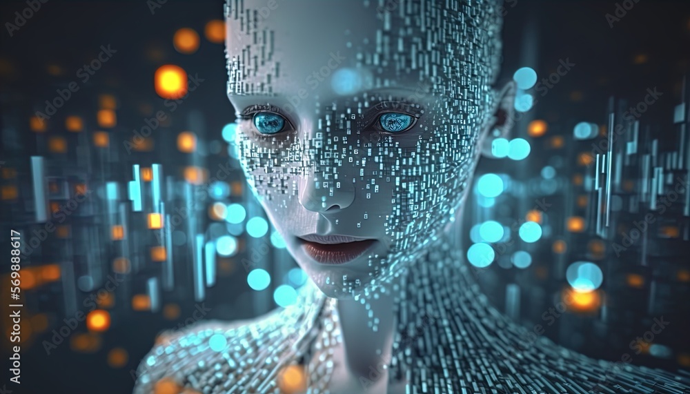 Futuristic AI android as center of artificial intelligence network in