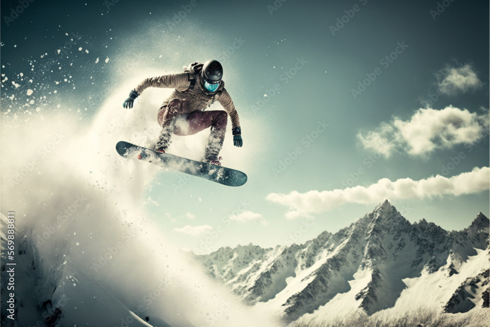 Snowboarder  at  jump  inhigh  mountains. Generative Ai