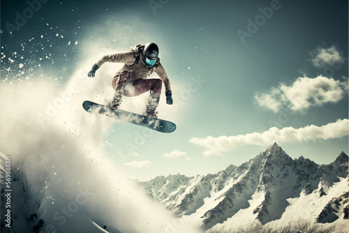 Snowboarder at jump inhigh mountains. Generative Ai