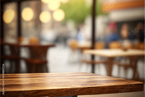 Wooden board empty table in front of blurred background. Generative Ai © Bright Studio