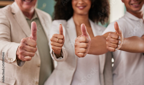 Business people, hands and thumbs up for winning, team or agreement in good job at the office. Group of employee workers showing hand sign or emoji in support for like, agree or yes at workplace