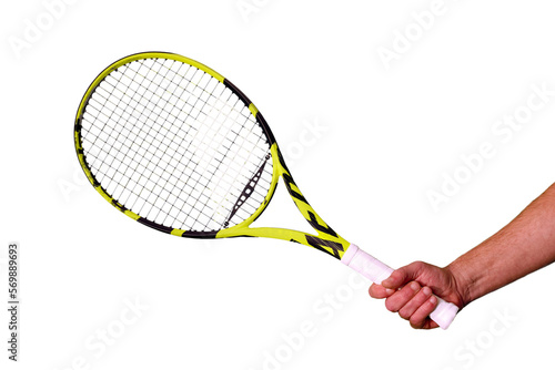 Adult man's hand holding tennis racket isolated on white background.
