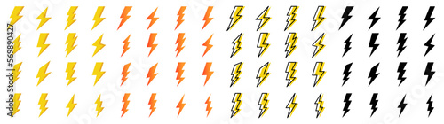 Electric vector icon set. Creative vector illustration of thunder and bolt lighting flash icon. Bolt logo. Electric symbols. Black icons of thunder and flash lighting.