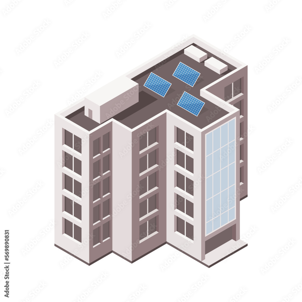 Isometric office building with solar panels. Vector illustration. ESG concept.