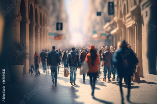 people walking in the street in the city blurry. Generative Ai