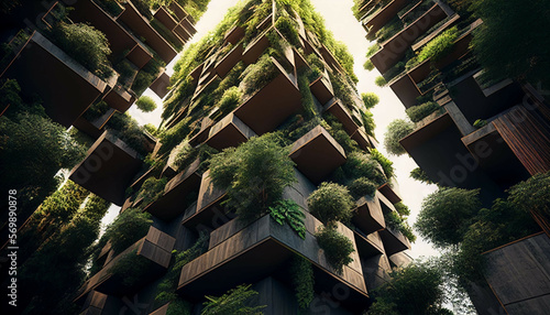 Biophilic architecture design with lush vegetation and greenery. Building providing connection to nature for its inhabitants. Reducing the carbon footprint and promoting sustainability. Generative AI photo