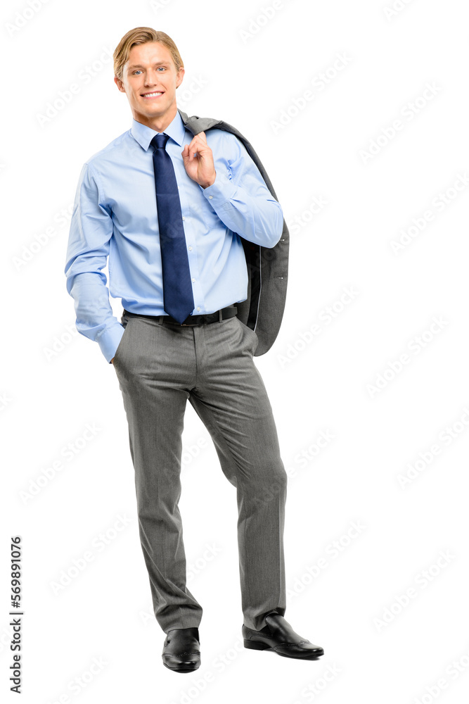 A trendy young business executive smiling and posing with his one hand in the pocket and carrying a business suit over his shoulder isolated on a png background A trendy young business executive smiling and posing with his one hand in the pocket and carrying a business suit over his shoulder isolated on a png background