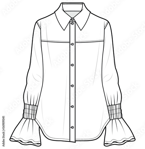 womens bell sleeve button down shirt blouse flat sketch vector illustration technical cad drawing template