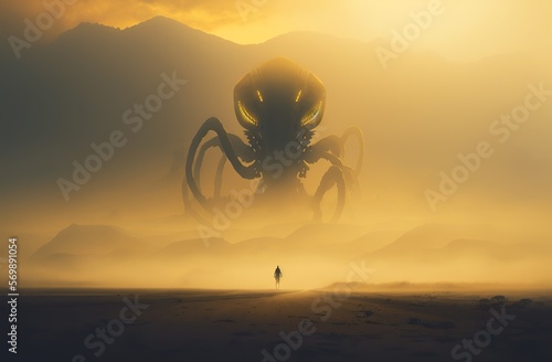 Cinematic Sci-Fi Alien kommt aus dem Nebel auf einen Menschen zu. Menschen entdecken einen neuen Planeten und finden einen großen Alien.  photo