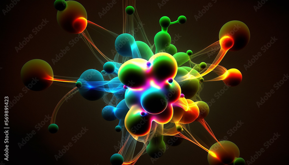 3D illustration of a molecule model. Science or medical reference with molecules and atoms. Generative AI - obrazy, fototapety, plakaty 