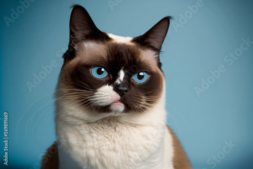 Portrait of slightly annoyed snowshoe cat sit isolated. Generative Ai