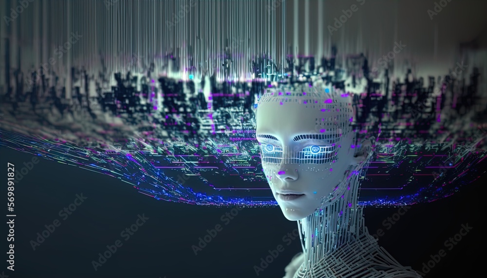 Futuristic AI android as center of artificial intelligence network in