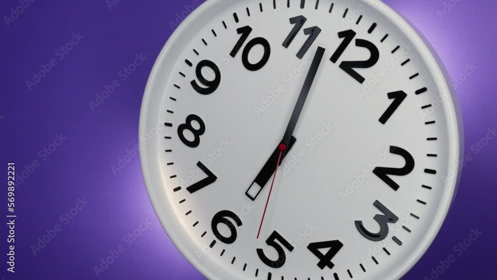 A White Wall Clock On Purple Background With A Time Of 6.00 Am Or Pm. A Black Hands and Red Second Hand Of The Clock. Timelapse. 4k. ProRes. A White Wall Clock On Purple Background With A Time Of 6.00 Am Or Pm. A Black Hands and Red Second Hand Of The Clock. Timelapse. 4k. ProRes.