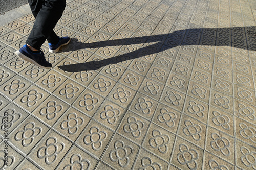 Photography Typical La Flor modernist symbol tiles at Barcelona walkway with person step and