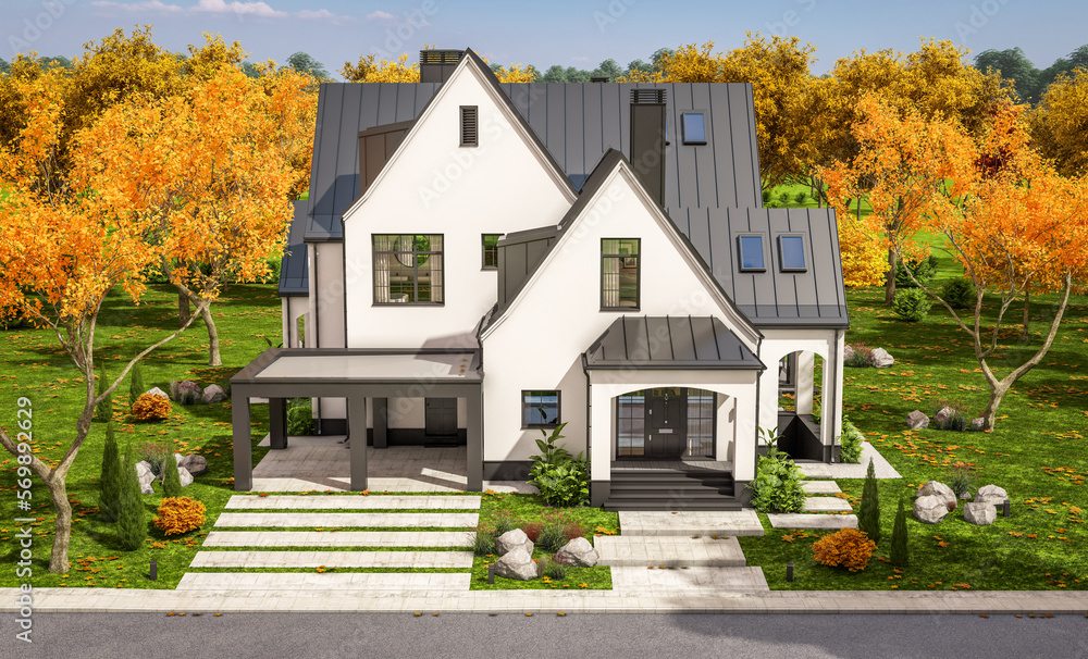 3d rendering of cute cozy white and black modern Tudor style house with parking  and pool for sale or rent with beautiful landscaping. Fairy roofs. Clear sunny autumn day with golden leaves anywhere